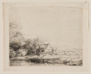Paisagem com uma vaca bebendo de Rembrandt van Rijn