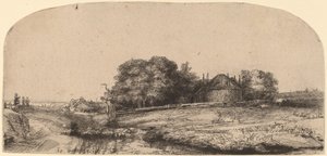 Paisagem com um celeiro de feno e um rebanho de ovelhas de Rembrandt van Rijn