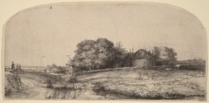 Paisagem com um celeiro de feno e um rebanho de ovelhas de Rembrandt van Rijn