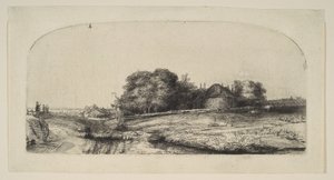 Paisagem com Hay Barn e um rebanho de ovelhas, 1652. de Rembrandt van Rijn