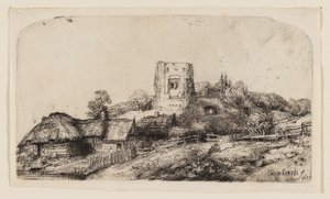 Paisagem com uma torre quadrada de Rembrandt van Rijn