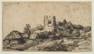 Paisagem com uma torre quadrada, 1650. de Rembrandt van Rijn