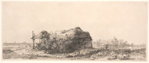 Paisagem com uma cabana e um celeiro de feno: retangular de Rembrandt van Rijn
