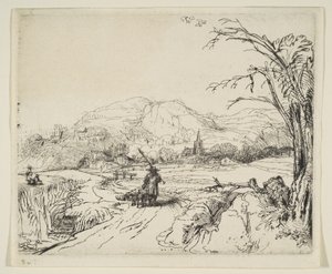 Paisagem com um pastor e um cachorro, ca. 1653 de Rembrandt van Rijn