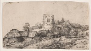 Paisagem com uma torre quadrada de Rembrandt van Rijn