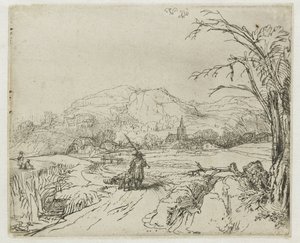 Paisagem com um desportista e cães de Rembrandt van Rijn