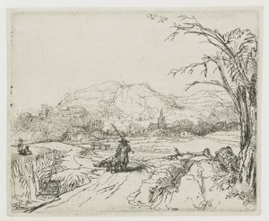 Paisagem com pastor de ovelhas e cães («O pequeno caçador») de Rembrandt van Rijn