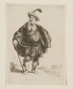Homem de pé, com traje oriental e gorro de pele com plumas de Rembrandt van Rijn