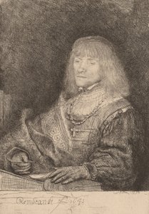 Homem em uma mesa usando uma cruz e corrente, 1641. de Rembrandt van Rijn