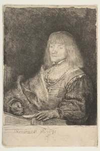 Homem em uma mesa usando uma cruz e corrente, 1641. de Rembrandt van Rijn