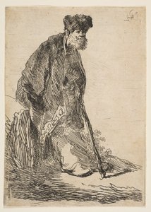 Homem de casaco e boné de pele encostado a um banco, ca. 1630. de Rembrandt van Rijn