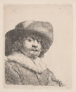 Homem em um chapéu de abas largas e rufo de Rembrandt van Rijn