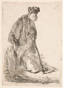 Homem com uma capa e um gorro de pele, encostado a um banco de Rembrandt van Rijn