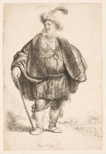 Homem de pé, vestido com trajes orientais e um gorro de pele com plumas de Rembrandt van Rijn