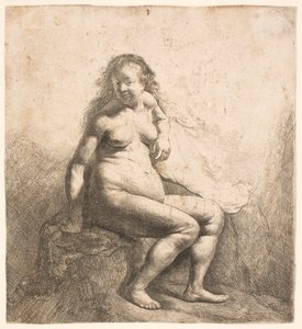 Mulher nua sentada num monte de Rembrandt van Rijn