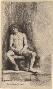 Homem nu sentado diante de uma cortina de Rembrandt van Rijn