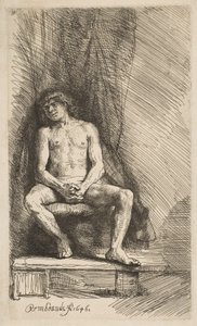 Homem nu sentado diante de uma cortina, 1646. de Rembrandt van Rijn