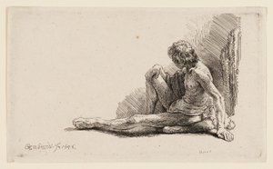 Homem nu sentado no chão com uma perna estendida de Rembrandt van Rijn