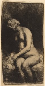 Nua sentada em um banco com um travesseiro (Mulher banhando os pés em um riacho) de Rembrandt van Rijn