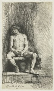 Jovem Nu, sentado diante de uma cortina
Homem nu sentado diante de uma cortina de Rembrandt van Rijn