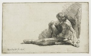 Homem nu sentado no chão com uma perna estendida de Rembrandt van Rijn