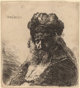Velho barbudo em um gorro de pele alta, com os olhos fechados de Rembrandt van Rijn