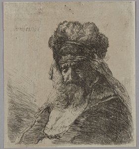 Um velho barbudo com um gorro alto de pele, de olhos fechados de Rembrandt van Rijn