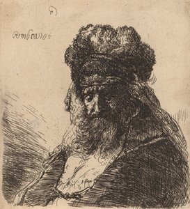 Velho barbudo em um gorro de pele alta, com os olhos fechados, c. 1635. de Rembrandt van Rijn