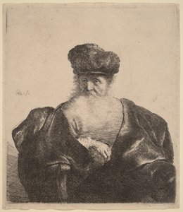 Ancião com barba, gorro de pele e capa de veludo de Rembrandt van Rijn