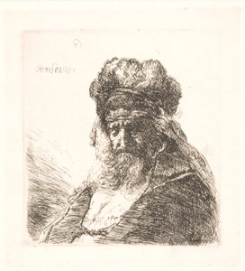 Velho barbudo com um gorro de pele alto, com os olhos fechados de Rembrandt van Rijn