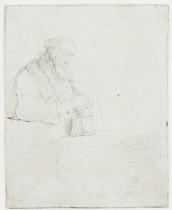 Ancião em meditação, apoiado num livro de Rembrandt van Rijn