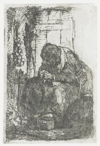 Anciã com cebolas, sentada numa cabana de Rembrandt van Rijn