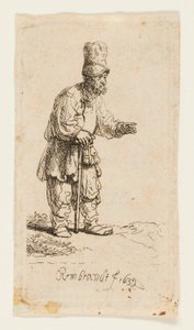 Camponês em um boné alto, em pé apoiado em uma vara de Rembrandt van Rijn