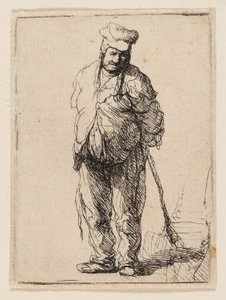 Camponês esfarrapado com as mãos atrás dele, segurando uma vara de Rembrandt van Rijn