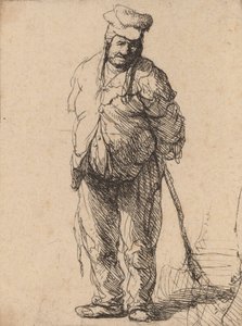 Camponês esfarrapado com as mãos atrás dele, segurando uma vara, c. 1630. de Rembrandt van Rijn