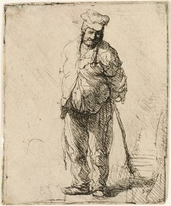 Camponês esfarrapado com as mãos atrás dele, segurando uma vara, c.1630. de Rembrandt van Rijn