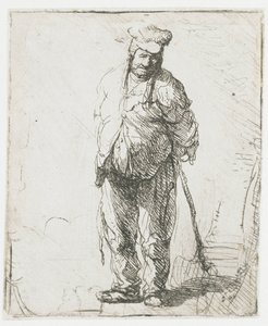 Camponês maltrapilho, com as mãos atrás das costas, segurando um pau de Rembrandt van Rijn
