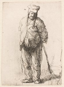 Camponês maltrapilho, com as mãos atrás das costas, segurando um pau de Rembrandt van Rijn