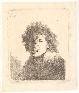 Rembrandt com a cabeça descoberta e a boca aberta, como se gritasse: busto de Rembrandt van Rijn