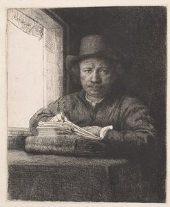 Rembrandt desenhando em uma janela de Rembrandt van Rijn