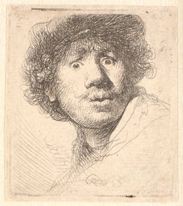 Rembrandt de boné, de boca aberta e olhando: busto em contorno de Rembrandt van Rijn