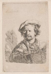 Rembrandt em um boné chato com um xale sobre os ombros de Rembrandt van Rijn