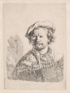 Rembrandt em um boné chato com um xale sobre os ombros de Rembrandt van Rijn