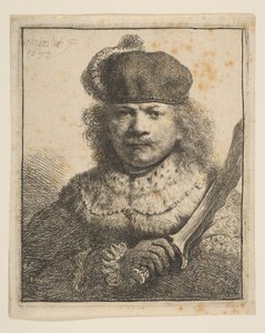 Rembrandt com Raised Saber, 1634. de Rembrandt van Rijn