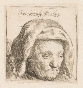 A mãe de Rembrandt com um toucado de pano, com o olhar voltado para baixo: apenas a cabeça de Rembrandt van Rijn