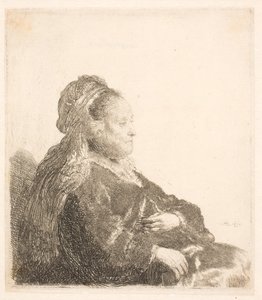 A mãe de Rembrandt sentada de frente para a direita, com um cocar oriental: meio comprimento, mostrando as mãos de Rembrandt van Rijn