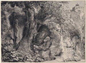 São Francisco a rezar debaixo de uma árvore de Rembrandt van Rijn