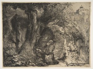 São Francisco debaixo de uma árvore, rezando, 1657. de Rembrandt van Rijn