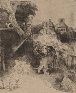 São Jerônimo lendo em uma paisagem italiana, c. 1653. de Rembrandt van Rijn