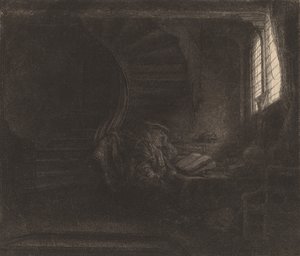 São Jerônimo em uma câmara escura, 1642. de Rembrandt van Rijn